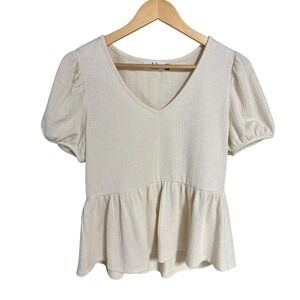 Homebody‎ Womens Cream Ribbed V-Neck Puff Sleeve Peplum Top Blouse S